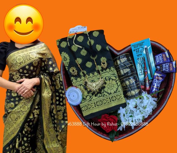 Black katan saree combo set