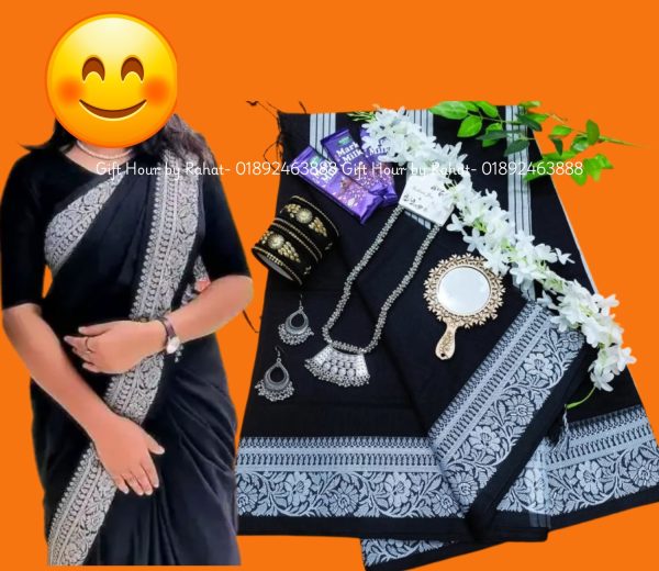 Black katha saree combo package . gift package( হাফসিল্ক পাতলা শাড়ি)