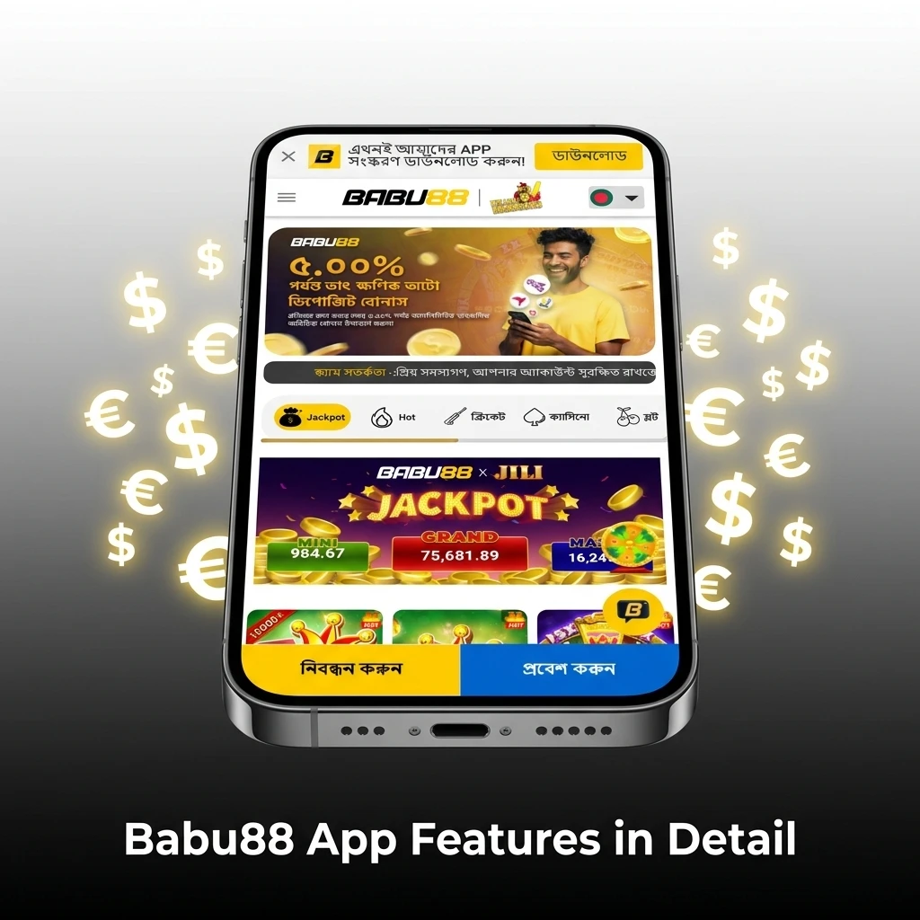 Babu88 app features including live betting, casino games, deposits, withdrawals, and push notifications for Bangladesh users
