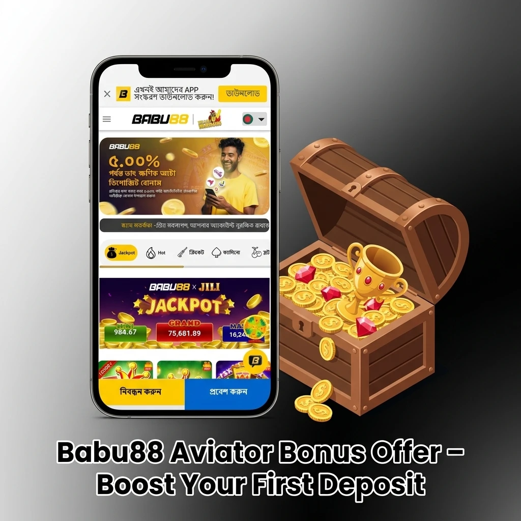Babu88 Aviator bonus offer showing 100% first deposit slot bonus up to ৳18,000 for new players