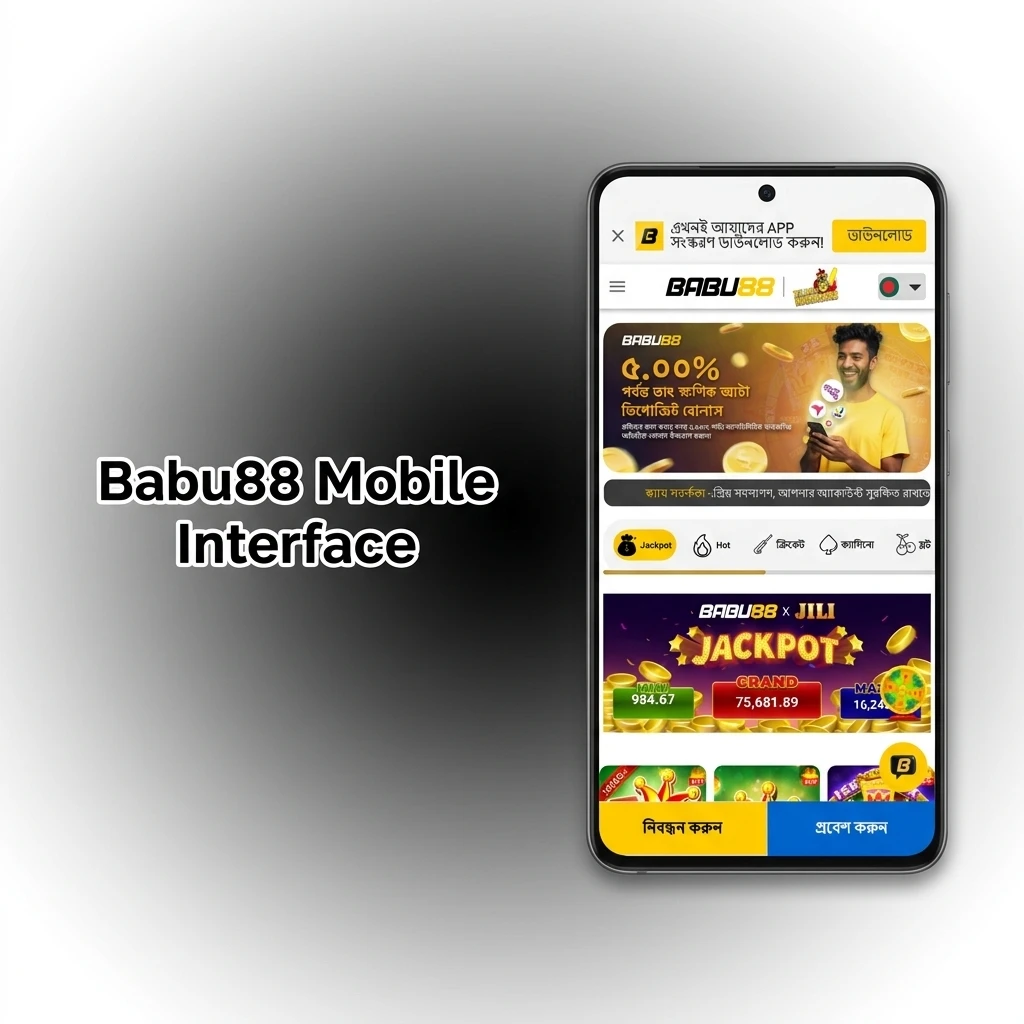 Babu88 mobile interface showing clear navigation menus, fast-loading game tiles, sports betting, casino games, and account dashboard