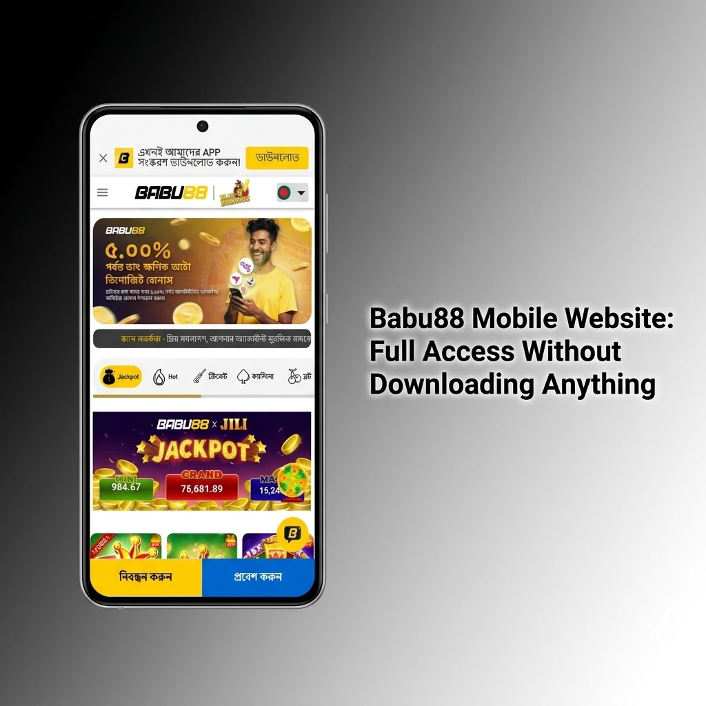 Babu88 mobile website on smartphone browser showing responsive layout with sports betting and casino features, no app needed