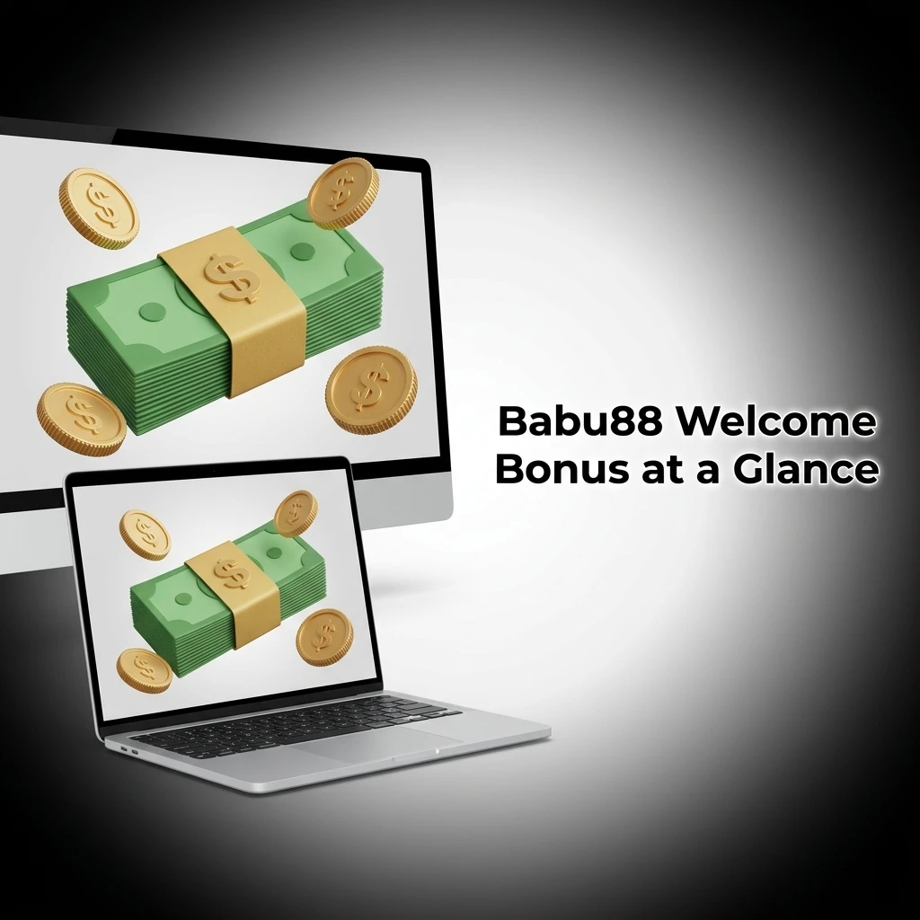 Babu88 welcome bonus table showing slots bonus up to ৳18,000 and sports bonus up to ৳13,000 with 100% match