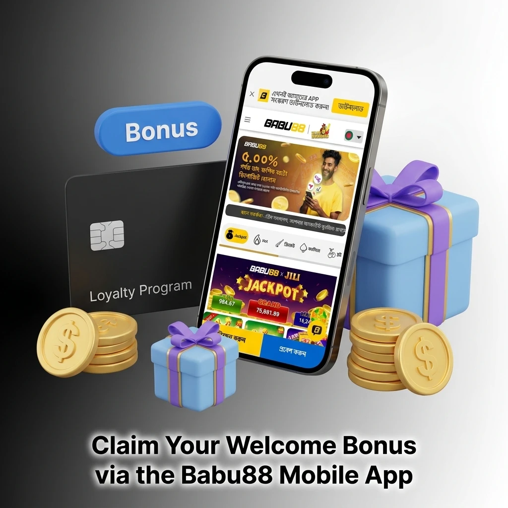 Babu88 mobile app on Android and iOS showing welcome bonus claim steps with deposit and promotions screen