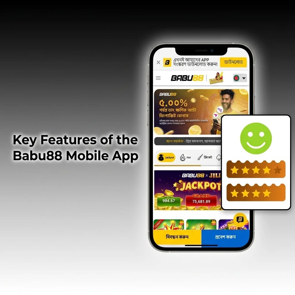 Babu88 mobile app features including BDT payments, bKash support, bonuses, sportsbook, and Bengali language for Bangladesh players