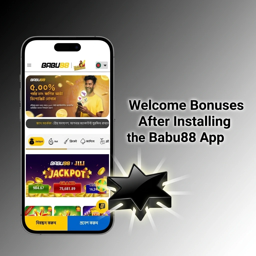 Babu88 app welcome bonuses showing 100% slot bonus up to ৳18,000 and sports bonus up to ৳13,000 for Bangladesh players