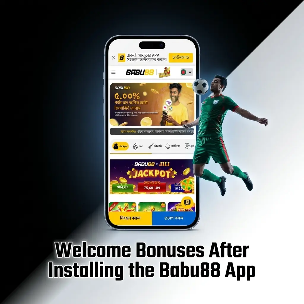 Babu88 app welcome bonuses showing 100% Slot Bonus up to ৳18,000 and Sports Bonus up to ৳13,000